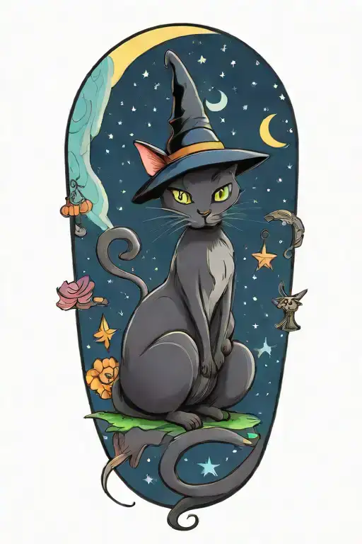Witch Cat With Moon And Stars And Colorful Mushrooms And Bats