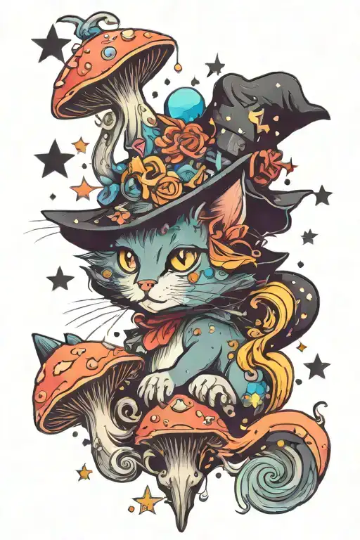 Witch Cat With Moon And Stars And Colorful Mushrooms Trippy