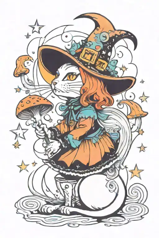 Witch Cat With Moon And Stars And Colorful Mushrooms Trippy