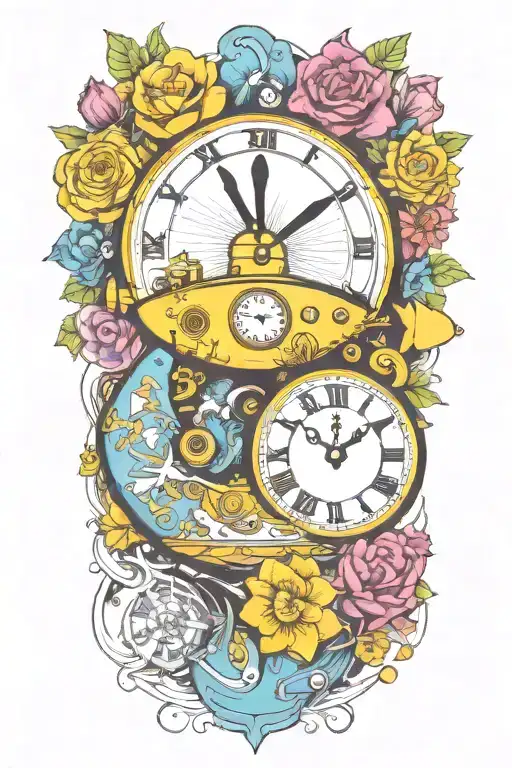 Yellow Submarine With Colorful Flowers And Clock And Rainbow