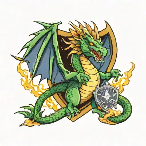 Dragon Breathing Fire With Police Badge Shield In The Background