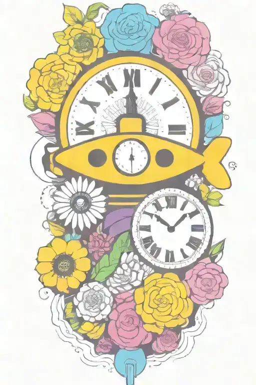 Yellow Submarine With Colorful Flowers And Clock And Rainbow