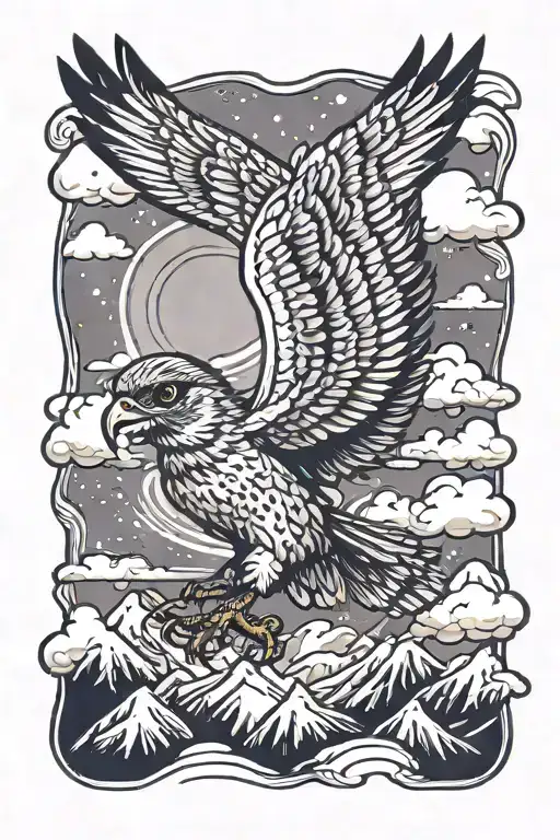 Flying Little Falcon Against The Background Of Snowy Mountains And Clouds