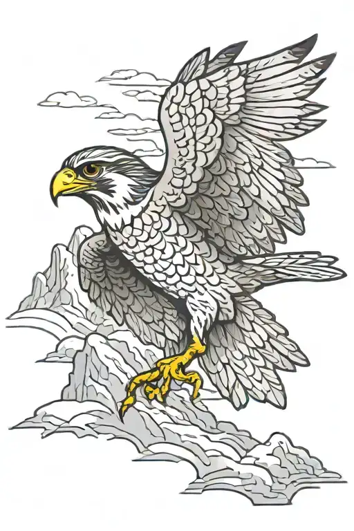 Flying Little Falcon Against The Background Of Snowy Mountains And Clouds