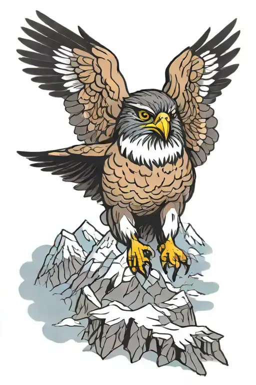 Flying Little Falcon Against The Background Of Snowy Mountains And Clouds