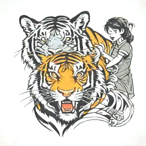 Tiger Protecting Family From Predator