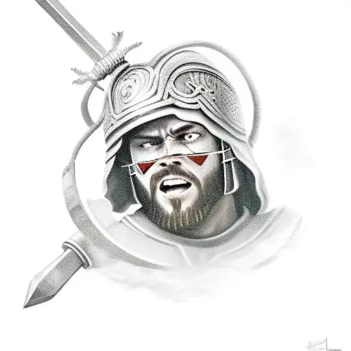 Gladiator Holding His Crying Helmet With Spear Or Sword But His Face Is Smilling
