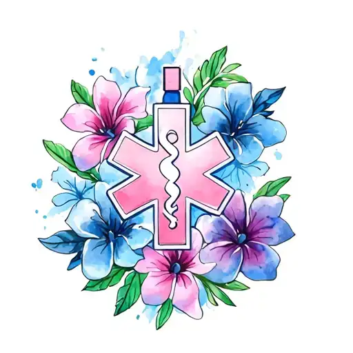 Ems Star Of Life In Blue With Watercolor Hawaiian Flowers Surrounding
