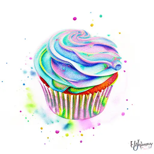 Watercolor Cupcake With A Vibrant Rainbow Frosting