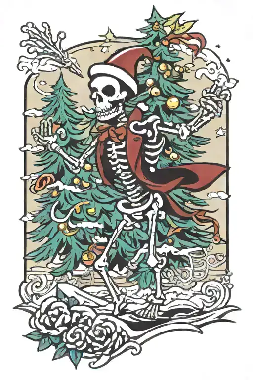Happy Dancing Skeleton By Christmas Tree