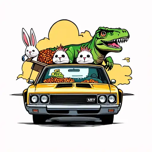 Bunny And Dinosaur In A Car With A Bag Of Beans