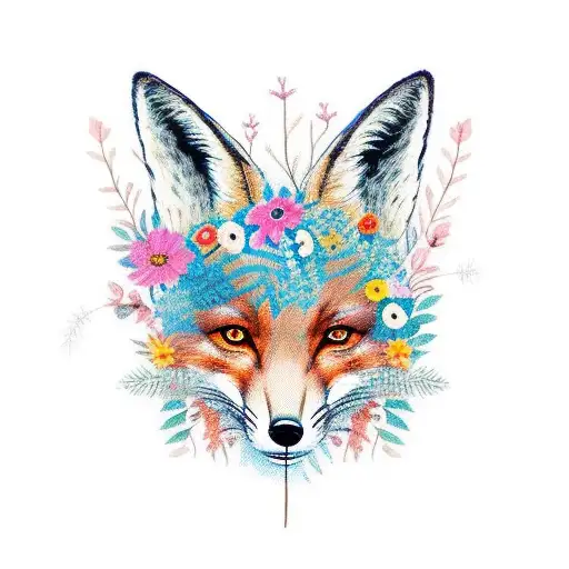 A Fox Wearing Headphones Surrounded By A Vibrant Floral Wreath