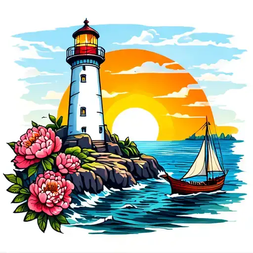 Lighthouse On The Rocks With Peonies And A Boat Sailing Into The Sunset