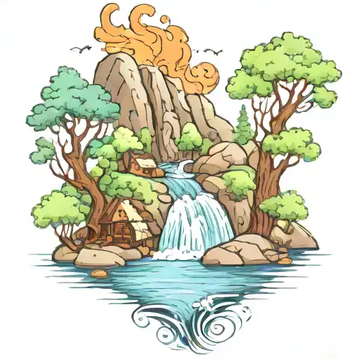 A River With A Campfire Beside It Waterfalls Down The Front