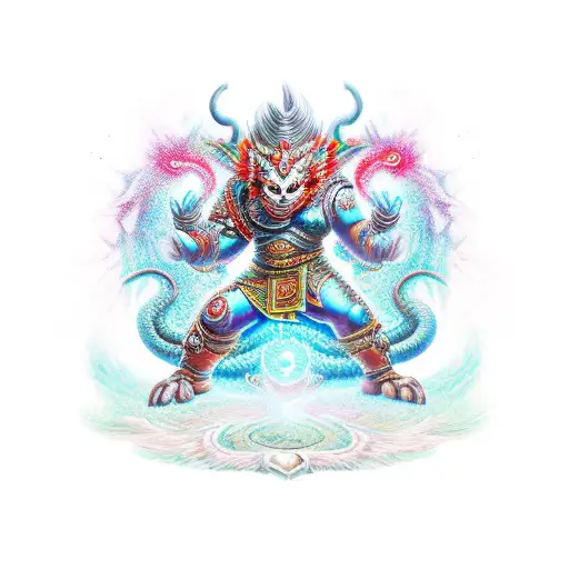 Asura With Four Arms With Weapons And Dragon Standing Behind