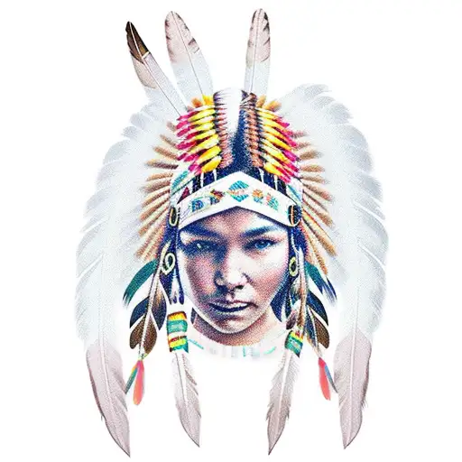 Native American Girl With Feathers And Braids