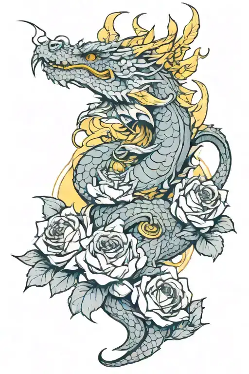 Dragon And Yellow Roses Intertwined