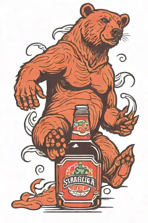 Sriracha Bottle With A Bear Sitting Designed On It