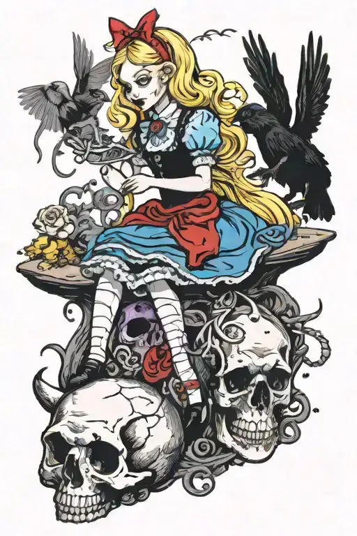 Goth Alice In Wonderland Stepping On The Skull Of Rabbit While A Murder Of Crows Hovers Over Her