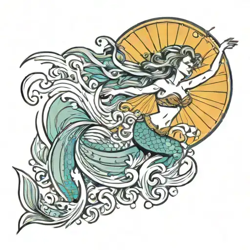 Design Of A Mermaid Catching Waves With Sun