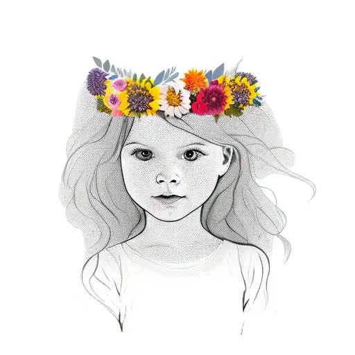 Half Head Portrait Of A Toddler Girlwith Flowers And Leaves Around Her And On Her Hair