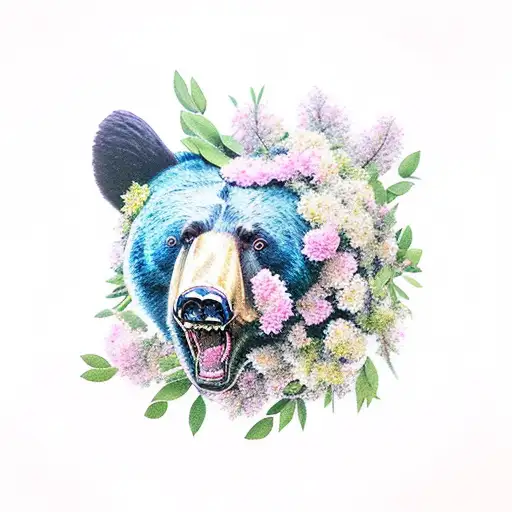 Black Bear Head Surrounded By Mountain Laurel Flowers