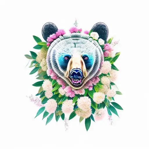 Black Bear Head Surrounded By Mountain Laurel Flowers