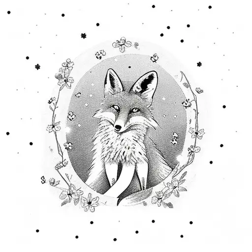 A Fox Sits Under A Tree And Looks Up At The Night Sky In A Frame Of The Forget Me Not Flower