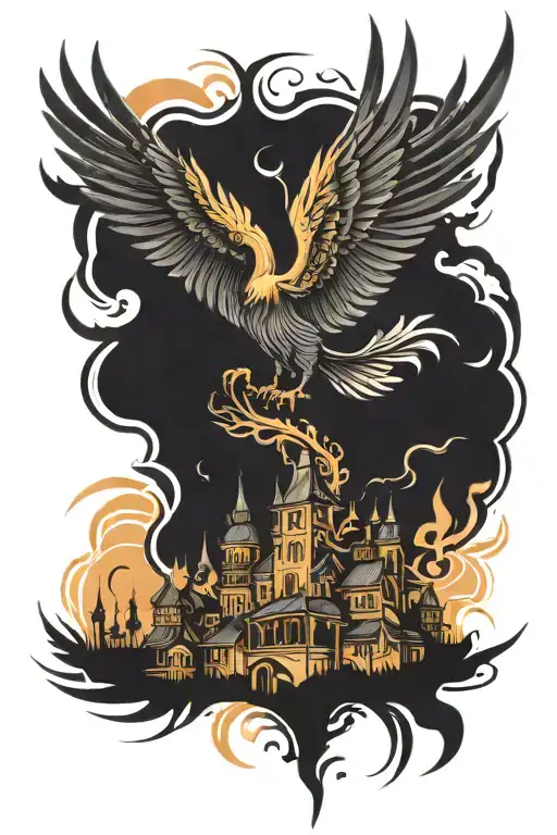 Beautiful Phoenix Flying Over A Town Of People