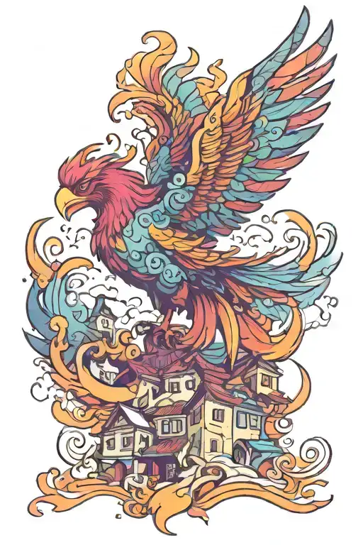 Colorful Beautiful Phoenix Flying Over A Town Of People
