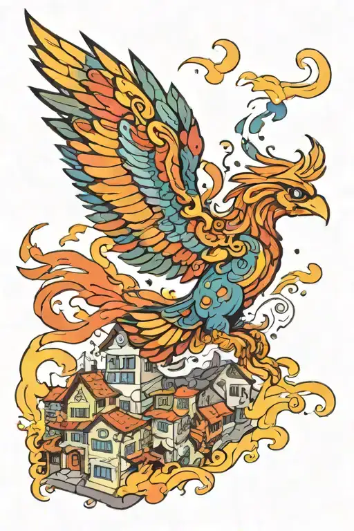Colorful Phoenix Flying Over A Town Of People