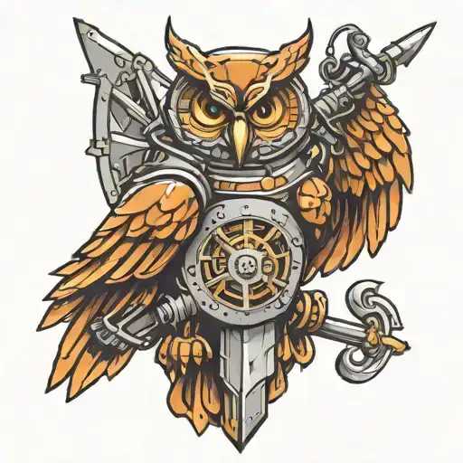 Mechanical Owl With Knight's Shield And Sword Incorporated Into The Design