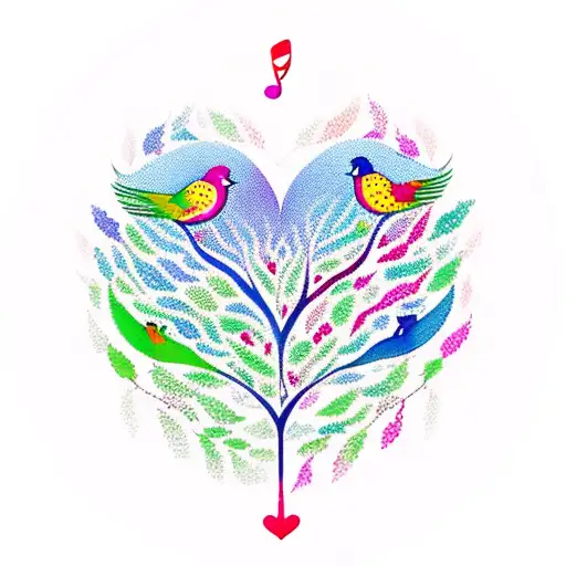 A Colorful Tree Of Life In Th Shape Of A Heart With Musical Notes As Leaves And 3 Birds Flying Away
