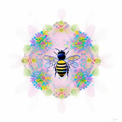 A New-school Design Of A Bee Flying Through A Field Of Colorful Flowers