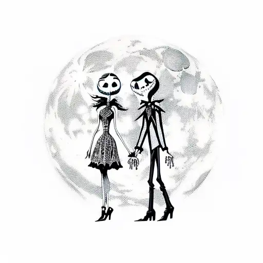 Jack Skellington And Sally Holding Hands In Front Of A Full Moon