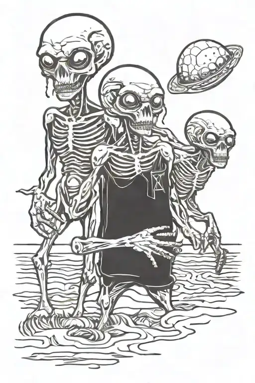 3 Aliens Side By Side On Beach Scene