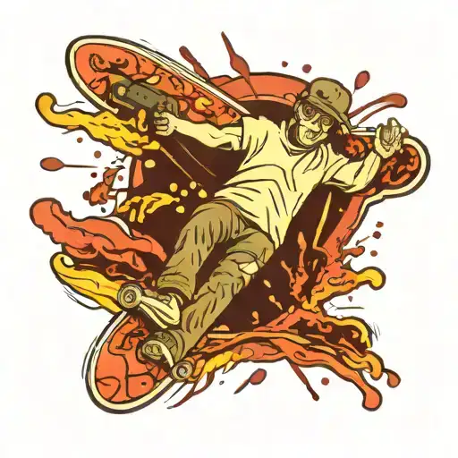 Skateboard Deck With Blood And A Person Shooting It With A Gun