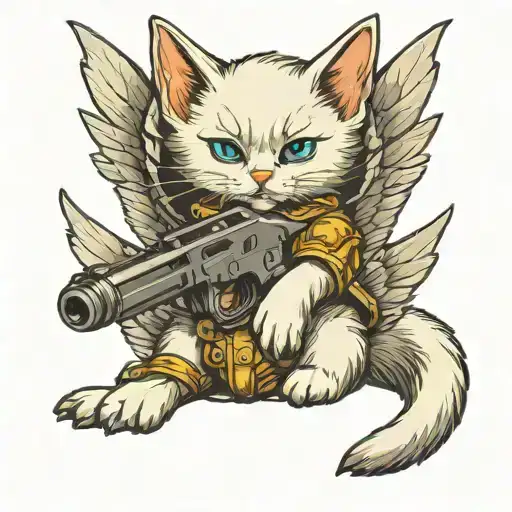 White Kitten With Wings Holding Gun