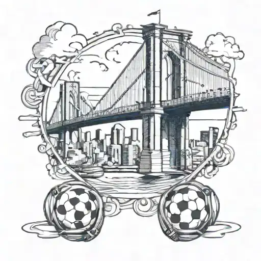 A New-school Tattoo Of The Brooklyn Bridge With A Soccer Ball Rolling Across It