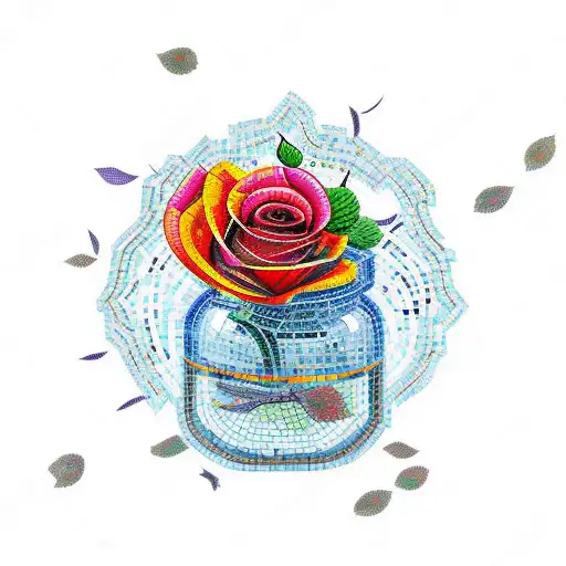 Mosaic Tile Drawing Of A Rose In A Glass Jar With Petals Falling