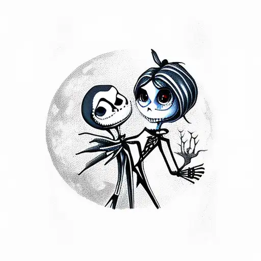 Jack Skellington And Sally Holding Hands In Front Of A Full Moon