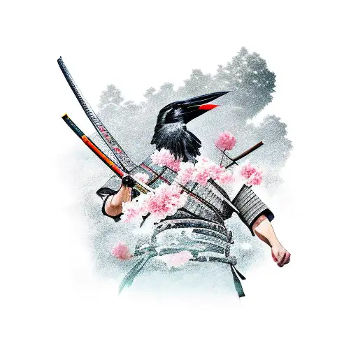 Samurai Against The Backdrop Of Sakura And With A Raven Sitting On A Katana