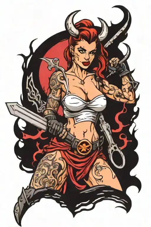 Sexy Demon Pinup Girl Standing Proudly With Weapon In Gore