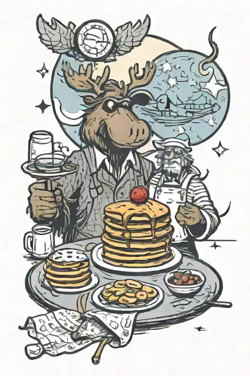 Moose And Beaver Are Enjoying Pancakes With Maple Syrup Under The Moon