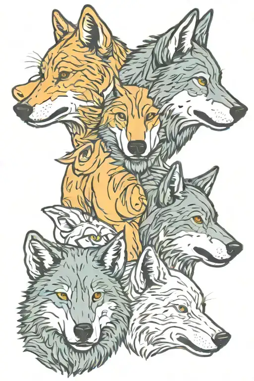 One Wolf With Two Cubs Face Only