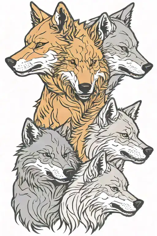 One Wolf With Two Cubs Face Only