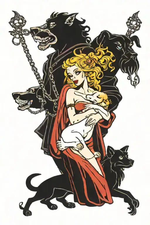 Hades And Persephone Holding 3 Head Dog Kerber On Chain