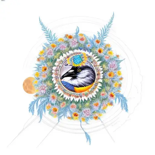 Crow With Multiple Sunflowers Wrapped Around Moon