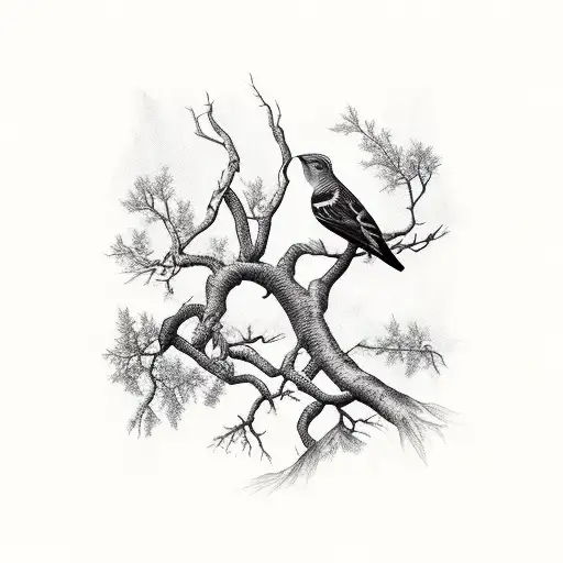 Three Birds Sitting On Apple Tree Branches In The Mountains