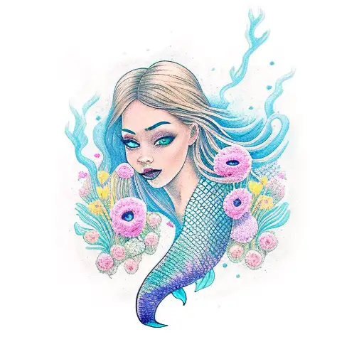 A Unique New-school Tattoo Of A Mermaid Gracefully Swimming In A Sea Of Flowers